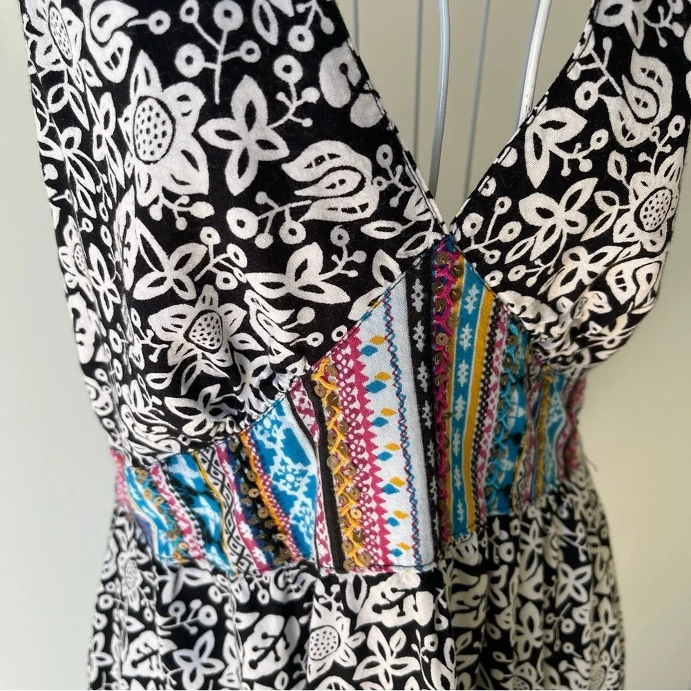 Angie backless sequined black white floral print short dress size M